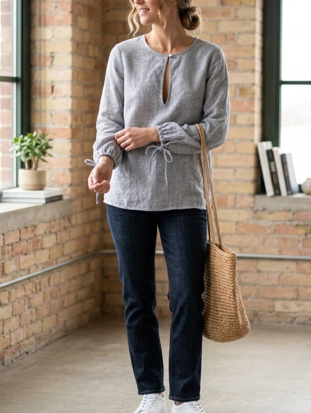 Navy And White Linen Long Sleeve Blouse Tunic Style Top | XL